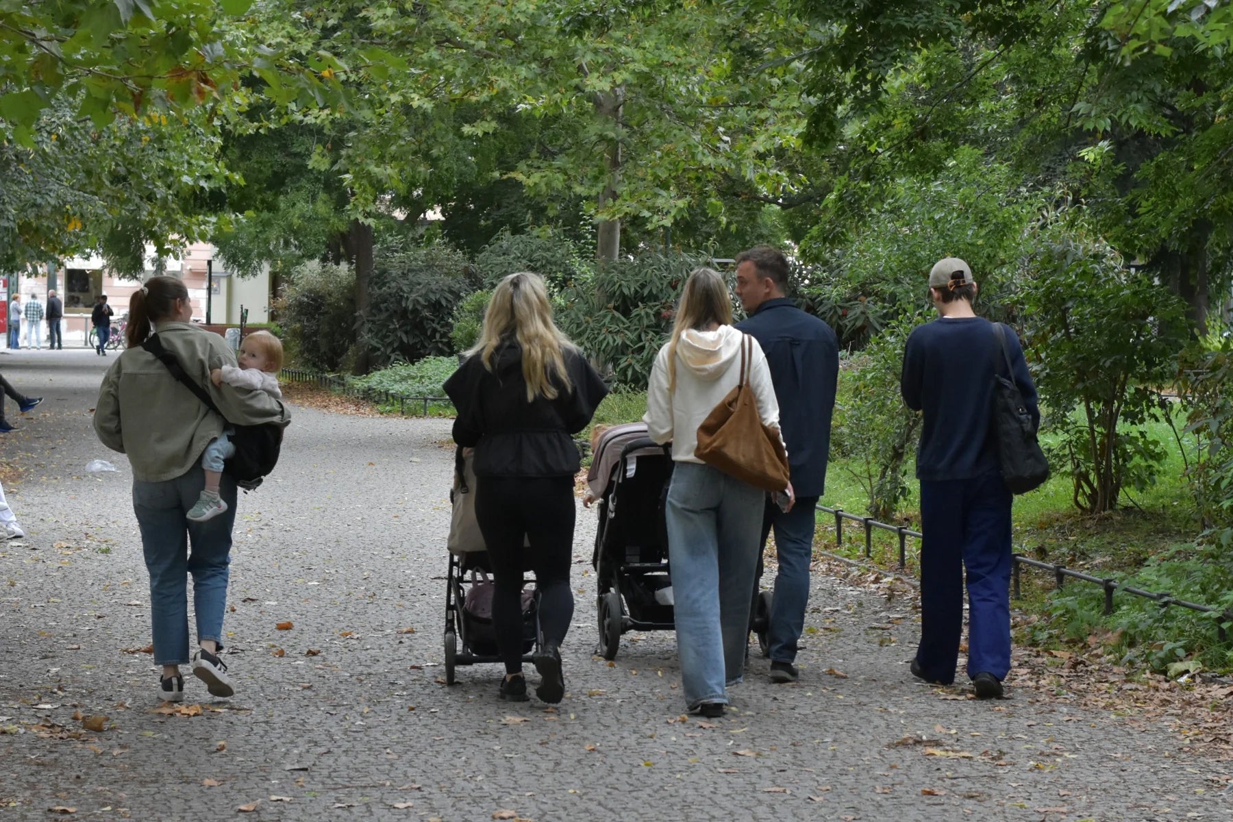 Familien gemeinsam mit Kinderwagen auf einem Weg im Grünen